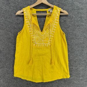 Lucky Brand Blouse Women S Small Yellow Geometric Embroidered Tasseled V-Neck